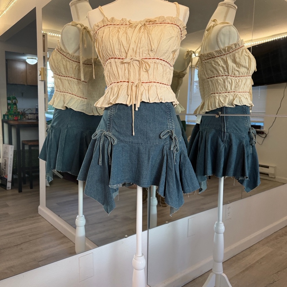 Windsor Dark Blue Asymmetrical Denim Mini Skirt with Ruffle Ties
